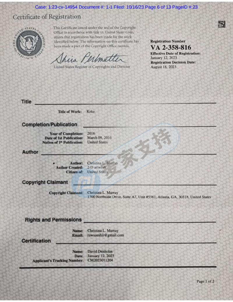 Keith一天立案4起，共涉及49張版權！其中Christina L. Murray新版權6張！