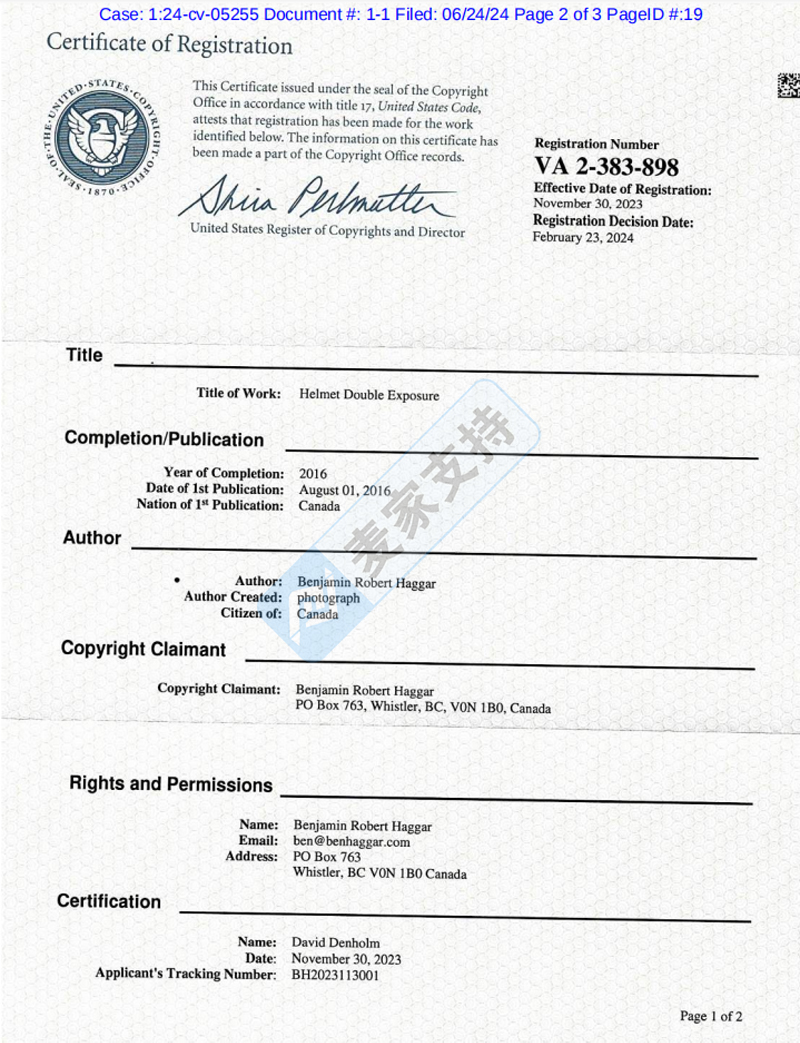 4-cv-05255，keith版權案件接踵而來，雙重曝光頭盔新版權首維權"