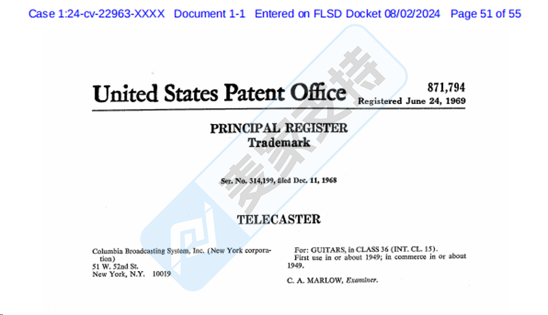 4-cv-22963，Fender公司委托BSF律所發起TRO維權，涉及這些商標"